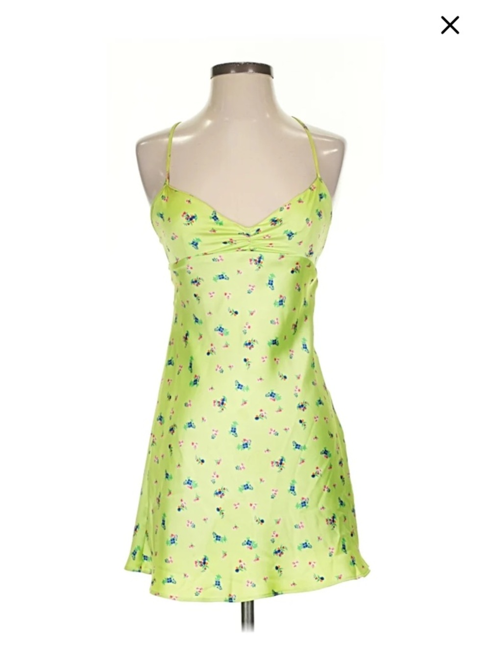 Zara Lime Green Floral Satin Slip Dress with Spaghetti Straps